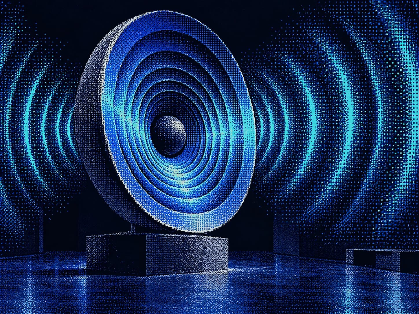 A concentric acoustic sculpture radiating electric cyan against deep blue.