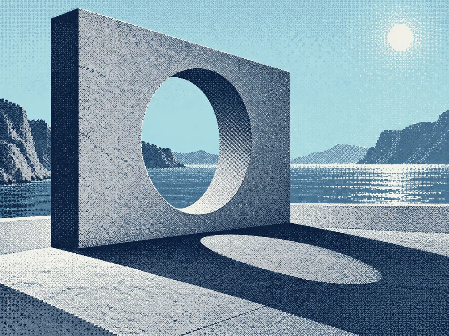 A pale blue architectural slab with a circular opening, printed in grainy blue tones.