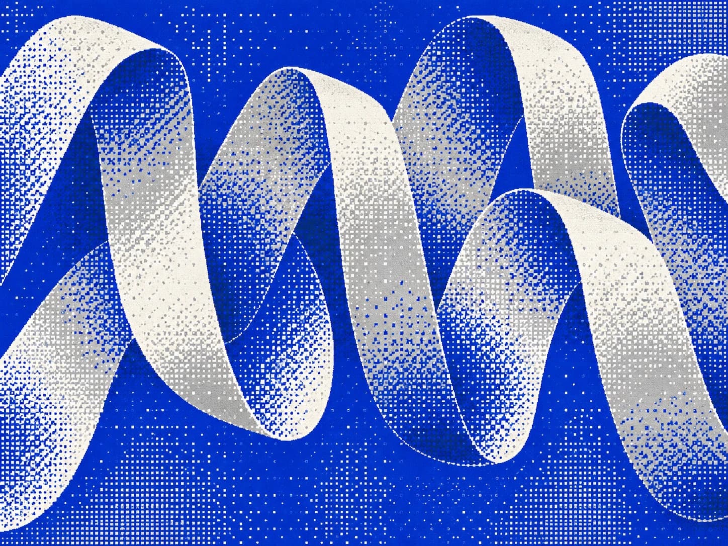 Pale sculptural ribbons flowing over an electric blue screen-printed field.