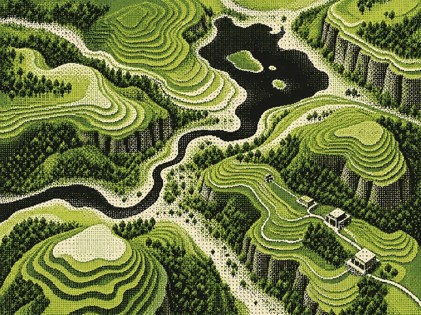 Topographic terraces seen from above in moss green, chartreuse, and ivory.