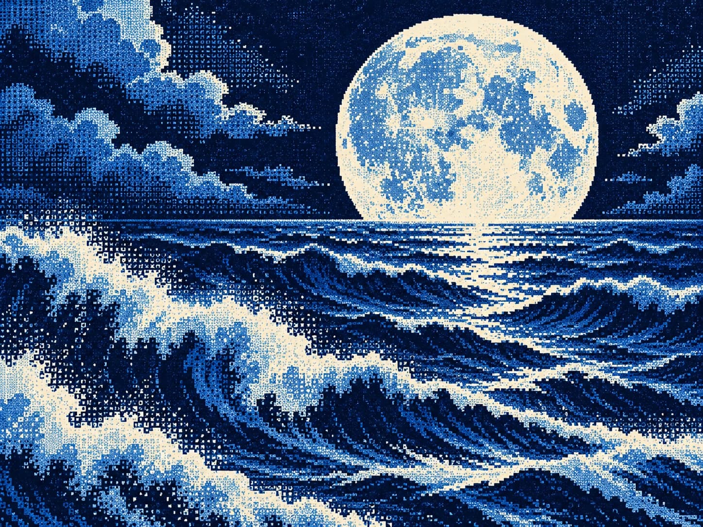 A pale moon hanging over a blue sea rendered in stepped, dithered waves.