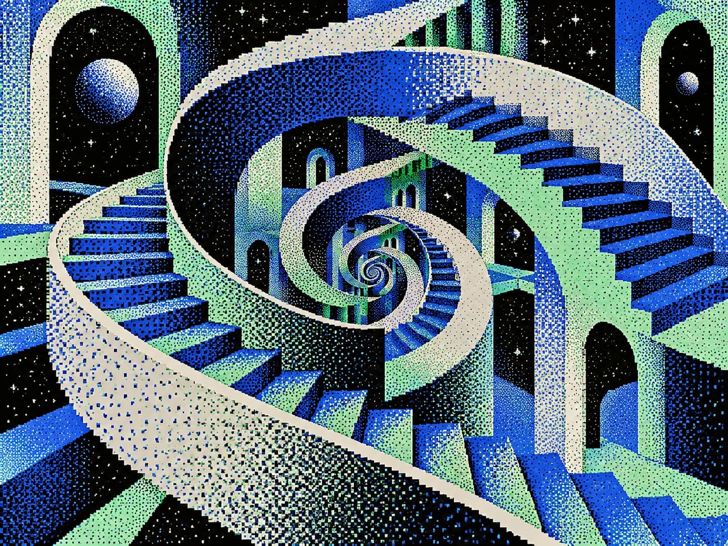A geometric blue and mint stairway folding into an infinite loop.