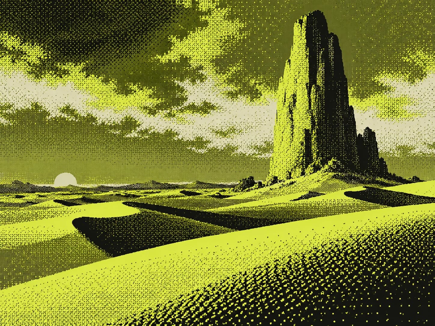 A solitary monolith above a dithered acid-green desert landscape.