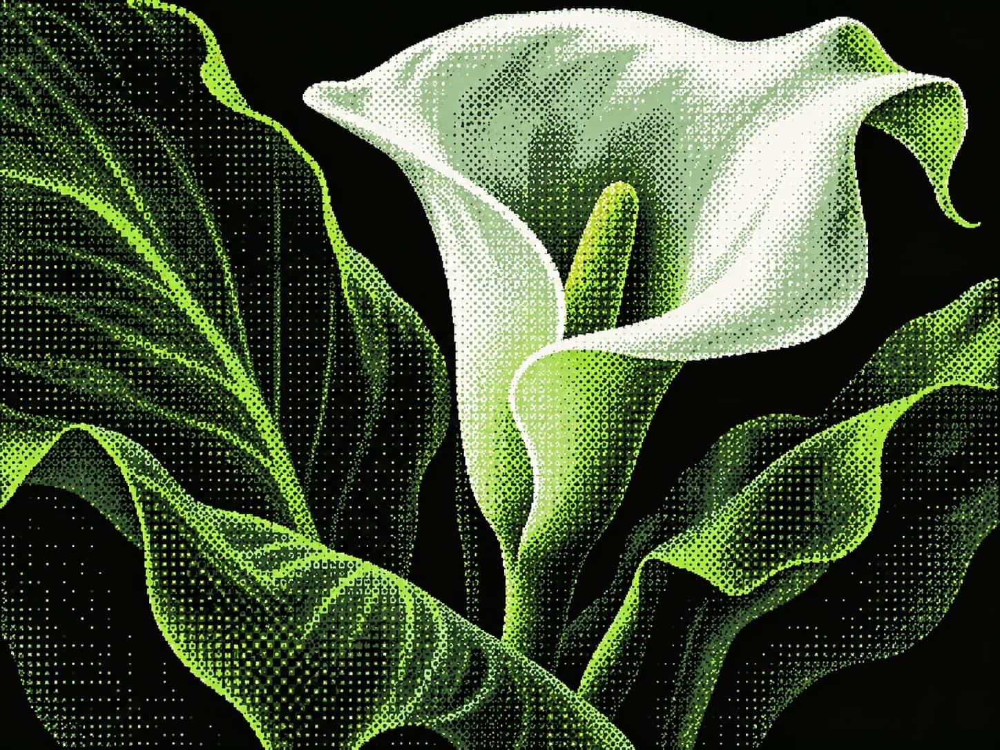 A pale calla lily and vivid green leaves emerging from a dark, stippled background.