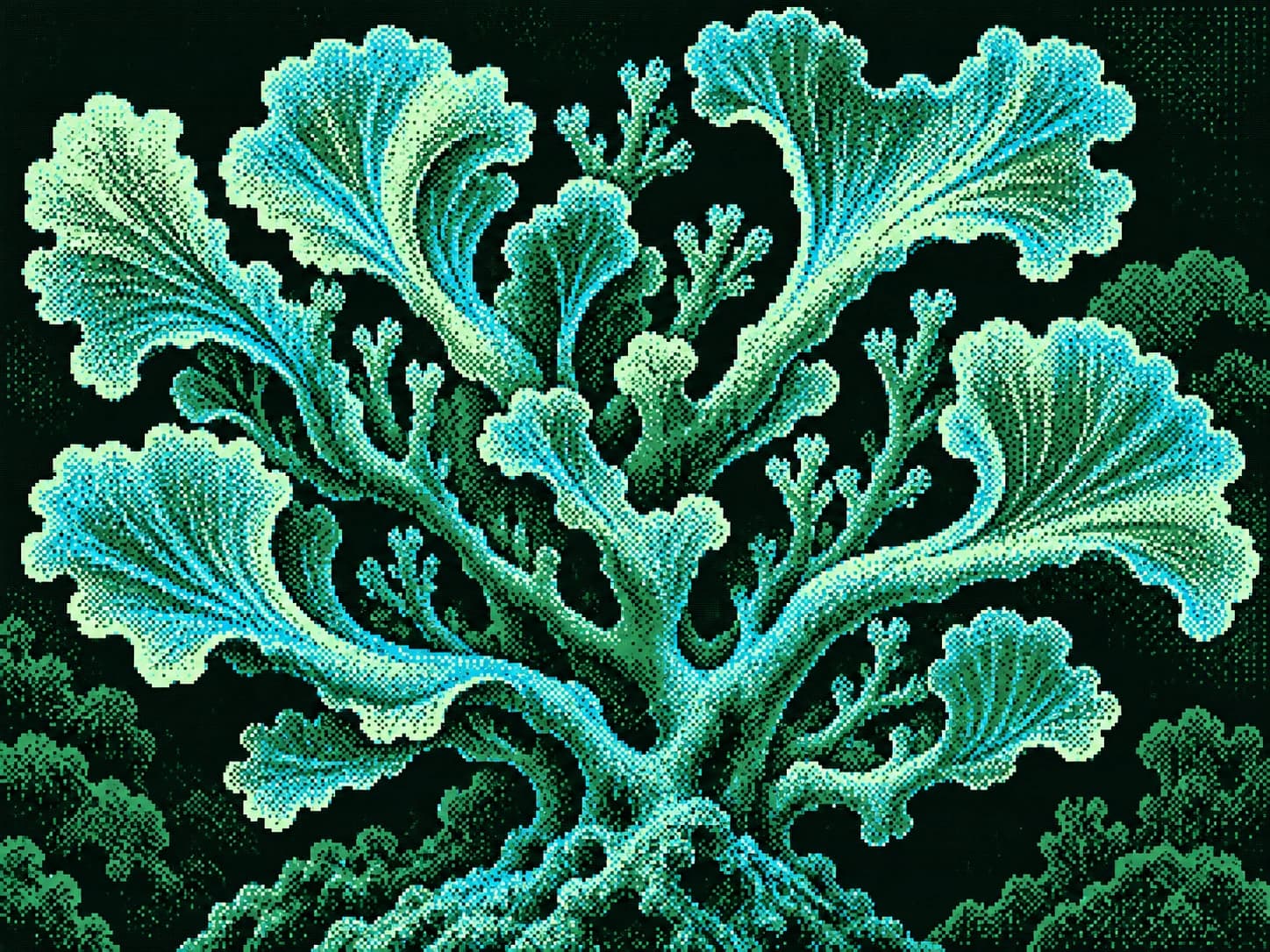 A branching cyan digital plant with fan-shaped leaves on a dark field.