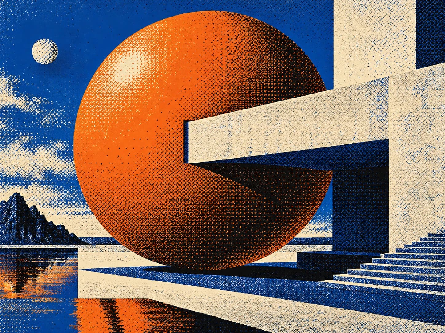 An orange sphere crossing pale geometric planes, textured like a risograph print.