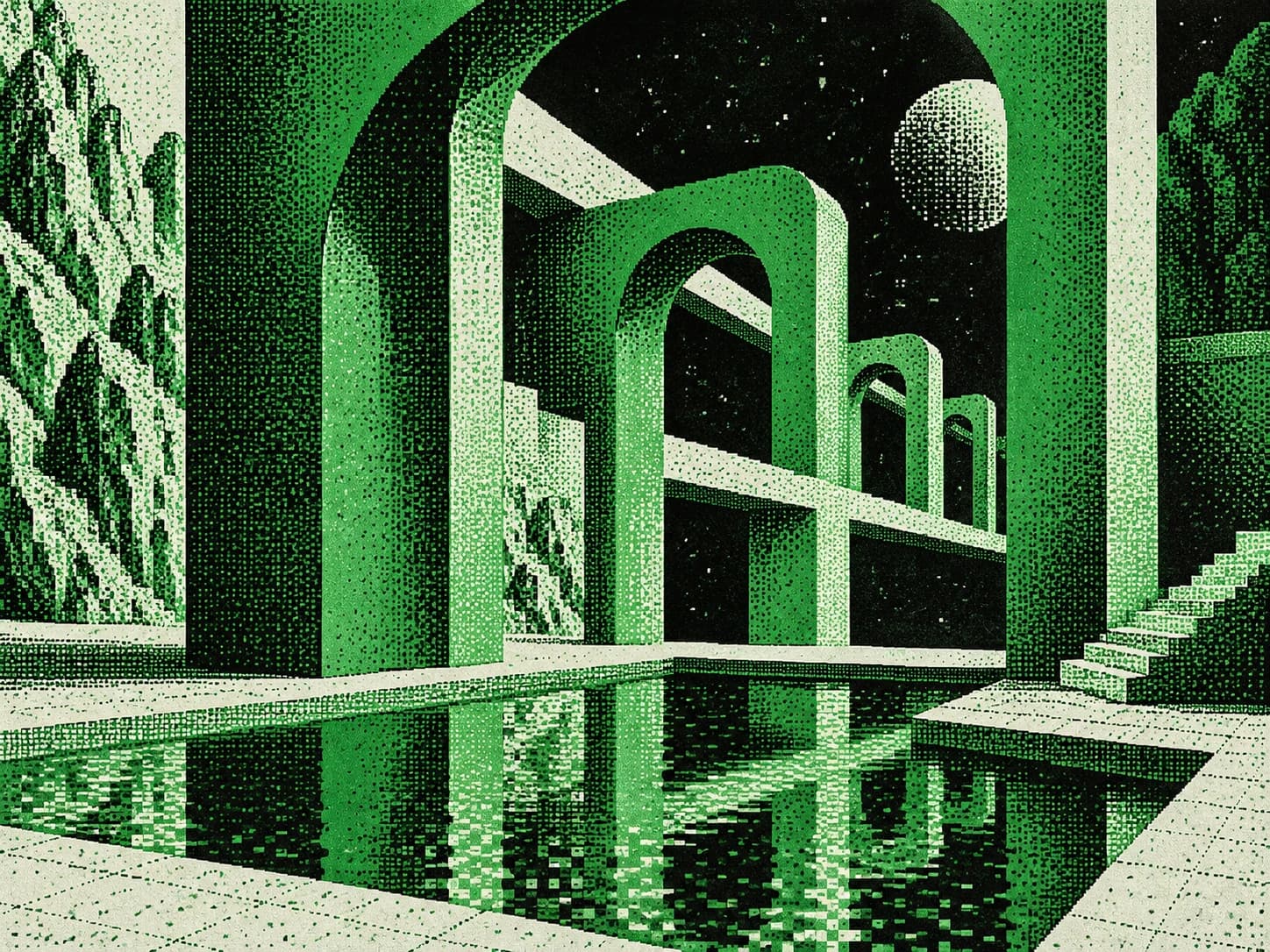 Green arches receding into a dark space with a reflective pool.