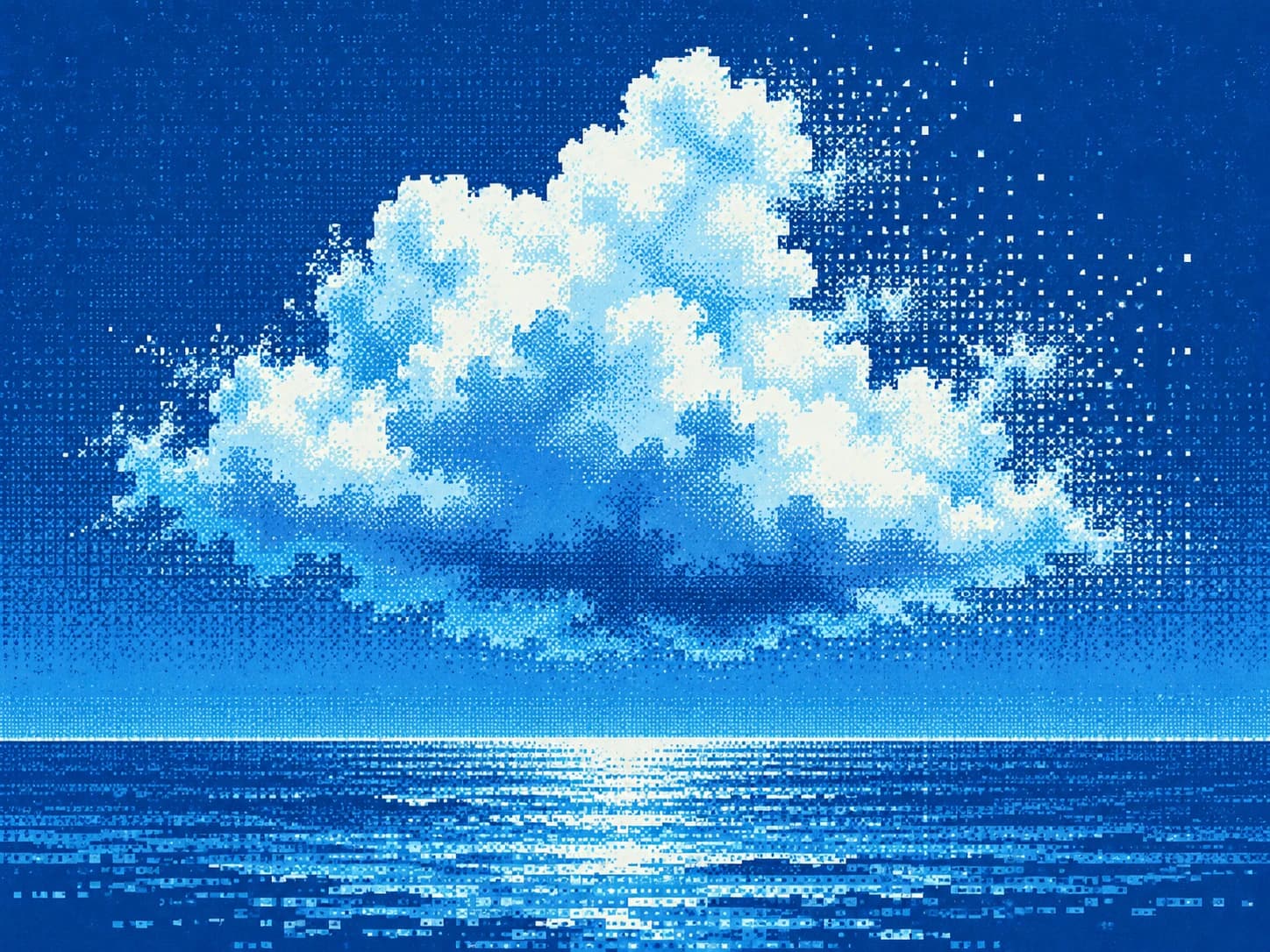 A luminous cloud above a cyan horizon, dissolving at its edges into pixels.