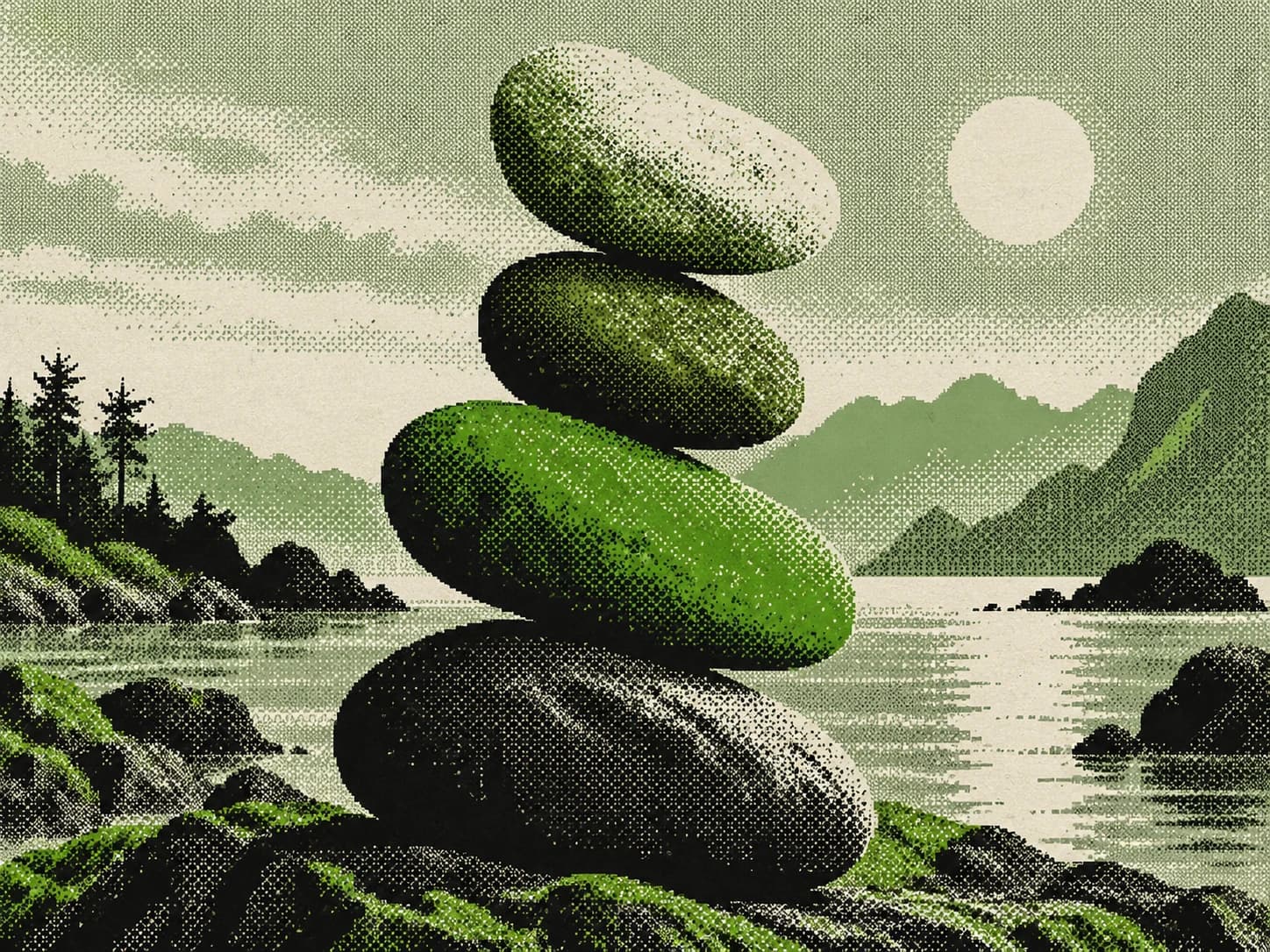 Four irregular pale and green pebbles balanced into an impossible sculpture.