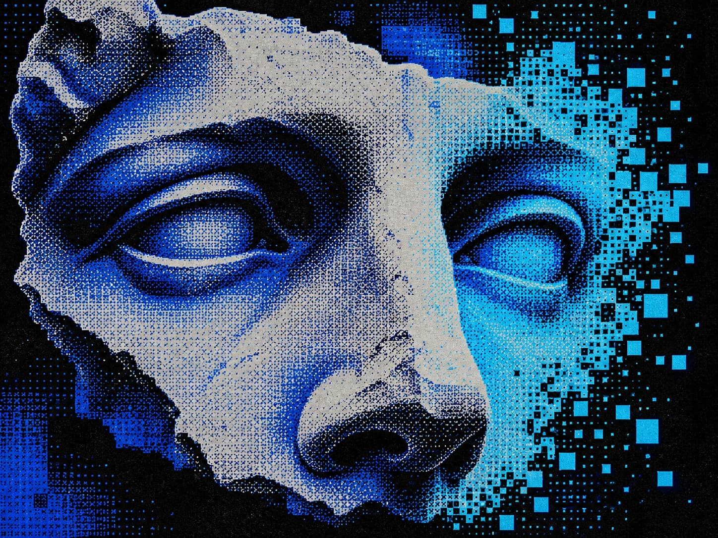 A classical face fragment dissolving into pale blue and gray pixels.