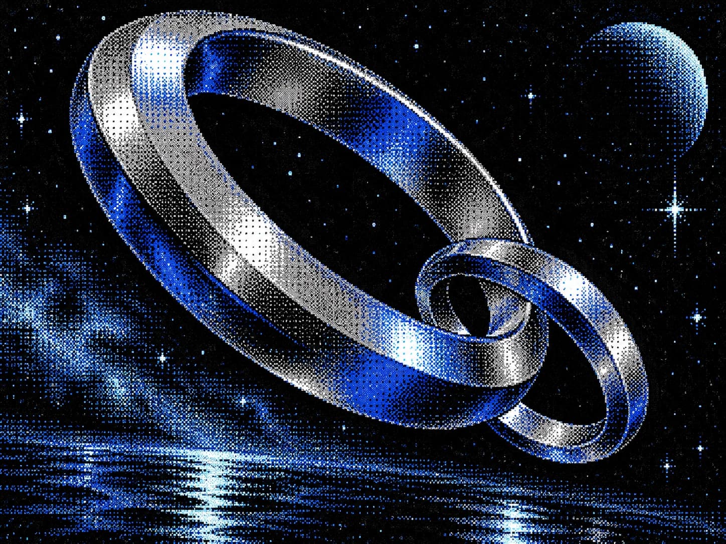 Two metallic rings suspended in darkness with sharp blue reflections.
