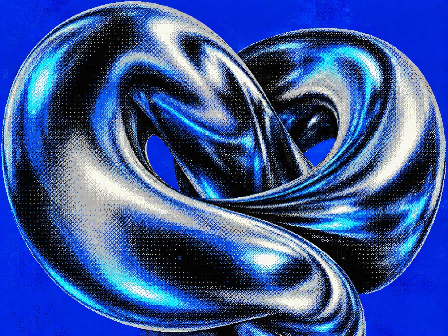 A folded silver sculpture rendered in cobalt blue and cyan dithered dots.