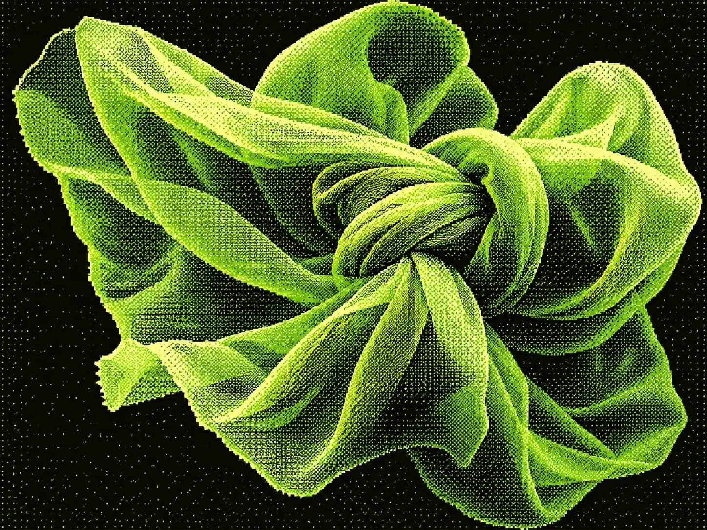 A lime-green fabric sculpture knotted into a floating cloud of folds.